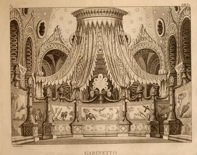 Kabine, Gioachino Rossini (litho) tarafından 'Ricciardo ve Zoraide'nin 1. perdesi için set tasarımı by Italian School