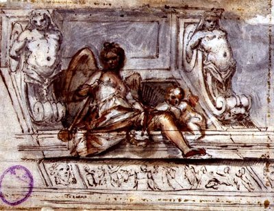 Muse of Music ile Tavan Tasarımı, c.1700 (kağıt üzerine suluboya ile kalem ve mürekkep) by Italian School
