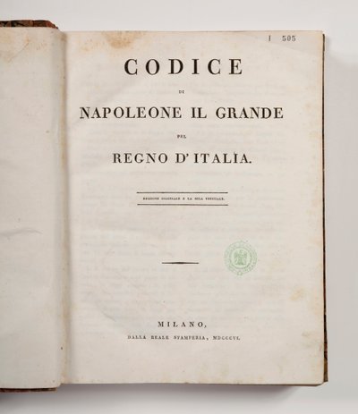 İtalya krallığı için Büyük Napolyon Yasası, başlık sayfasında açık, yayınlanmış Milan, dalla reale Stamperia, 1806 (basılı kağıt) by Italian School