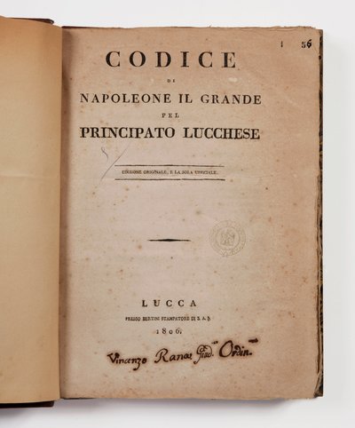 Lucca Prensliği için Büyük Napolyon Kanunu, ilk resmi baskı, Lucca, Presso Bertini, 1806 ve Lucca ve Piombino, Lucca, Fr. Bertini, 1807 by Italian School