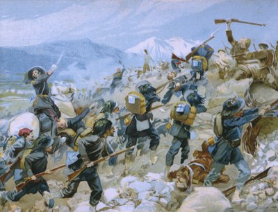 Kırım savaşı ve Chernaya savaşı, 16 Ağustos 1855, Risorgimento tarihi üzerine bir albümden illüstrasyon, çikolata Talmone için yapılmış, 19. yüzyılın sonlarında by Italian School