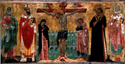 Çarmıha gerilme ve azizler Veneto Bizans okulunun anonim sanatçısı tarafından ahşap boyama. karartmak 61x113 cm Venedik, Museo Correr, n. 381 by Italian School