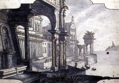 Sahne Seti Tasarımı, c.1750 (kağıt üzerine kalem ve mürekkep ve sulu boya) by Italian School