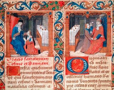 Bir hastanın kafatasını çalıştıran doktor (LA trepanation du vinç) Saints Cosimo (Come or Cosimo) ve Damien, doktorlar. El yazmasından minyatür "" Aziz Cosma ve Damiano Kardeşliği Statüsü "" 16. İtalyan Gotik Sanatı by Italian School