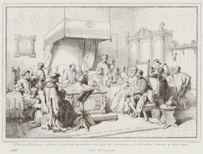 Domenico Veniero, sakatlanmış ve onunla aynı fikirde olan edebiyatçılar tarafından teselli edilmiş ... (gravür) by Italian School