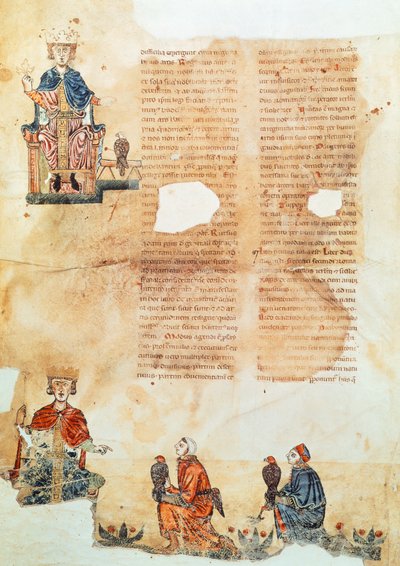 Hohenstaufend İmparatoru Frederick 2, "Kuşlarla Avlanma Sanatı"ndan (parşömen) by Italian School