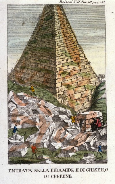 Belzoni'nin Guizeh (Guiseh, Giza, Giza) veya Chephren (Eski İmparatorluk) Piramidi'ne girişi. Giovanni Battista (Gianbattista) Belzoni (1778-1823), İtalyan kaşif ve arkeolog, Mısır'da önemli arkeolojik keşifler yaptı. Gravür - “” içinde by Italian School