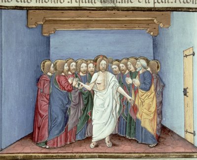 Fol.135v İsa Yargıçlardan Korkup Tek Bir Çatı Altında Toplanan Havarilere Görünüyor (parşömen) by Italian School