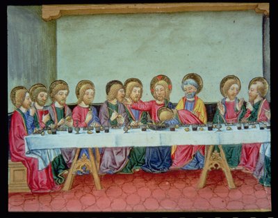 Fol.99v Son Akşam Yemeği Sırasında Mesih, havarilerden birinin Kendisine ihanet edeceğini duyurdu (parşömen) by Italian School