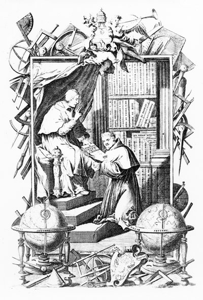 Sacred-Profane Universal Library için Frontispiece, Cilt 1, Vincenzo Coronelli, baskı Alessandro dalla Via tarafından yapıldı, 1701