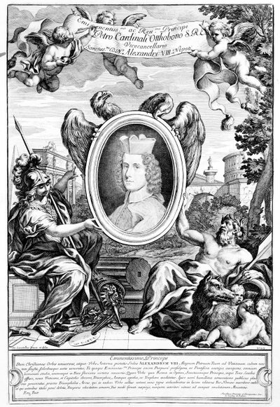 Robert van Audenaerde tarafından oyulmuş Kardinal Pietro Ottoboni portresi ile Augustus antik kemerinin ön yüzü, 1690 by Italian School