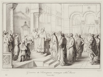 Giovanni II Partecipazio, Dükalığı terk ediyor, 887 (gravür) by Italian School