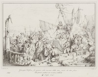 Giuseppe Dolfino, gemisinin mürettebatına barutu ateşe vermek yerine... (gravür) yemin ettiriyor. by Italian School