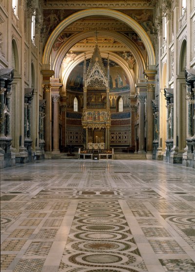Gotik sanat: 1367 civarında Giovanni di Stefano tarafından yapılan Çadırın üzerindeki papalık sunağının görünümü, Barna da Siena (14. yüzyıl) tarafından fresklerle süslenmiş on iki paneli süslüyor. 1367-1368. Laterano Aziz John Bazilikası (Laterano