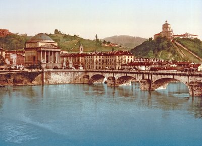 Gran Madre di Dio (ön plan) ve Santa Maria di Monte dei Cappuccini, Torino, 1890 dolaylarında yayınlandı (renkli taş) by Italian School