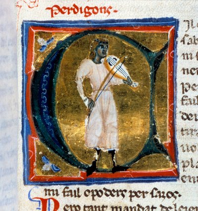 Tarihçi mektubu (harf A). Yaşlı adamı oynayan Perdigon Troubadour. Perdigon tarafından yazılan ve Atelier of Venice-Padua tarafından kopyalanan “” Chansonnier provencal” (Folio 36) adlı el yazmasından alınan minyatür by Italian School