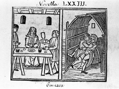 Giovanni Boccaccio dit Jean Boccaccio (1313-1375), İtalyan yazar “Decameron”un 73. haberi (sekizinci günün yeni 3) için illüstrasyonu. Gravür “” Decamerone ouer Cento nouelle”” Venedik, Bartolomeo de 