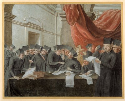 Cizvitler toplantıda hesaplar üzerinde tartışıyorlar (kağıt üzerine suluboya ile kalem ve mürekkep) by Italian School