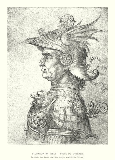 Leonardo da Vinci, Bir Savaşçının Büstü, Silverpoint Çiziminin tıpkıbasımı, Malcolm Koleksiyonu (gravür) by Italian School