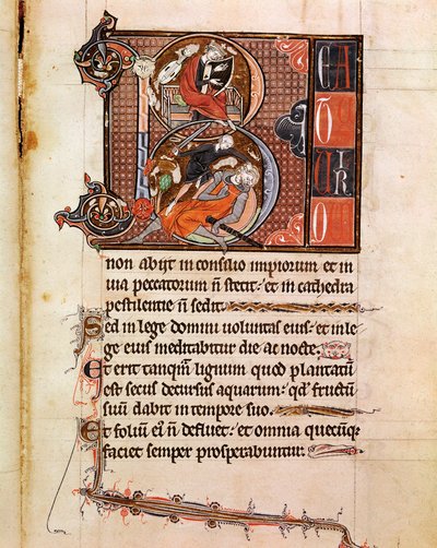 B harfi, pslaterion oynayan ve Goliath Sayfasını “” Psalterium Cum Calendario” el yazmasından süsleyen Kral David