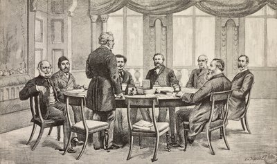 Mısır üzerine Londra konferansı, Birleşik Krallık: Kont Munster, Musurus Pasha, Granville (ayakta), Count Nigra, Waddington, De Staal, Childers, Count Karolyi, Edoardo Ximenes