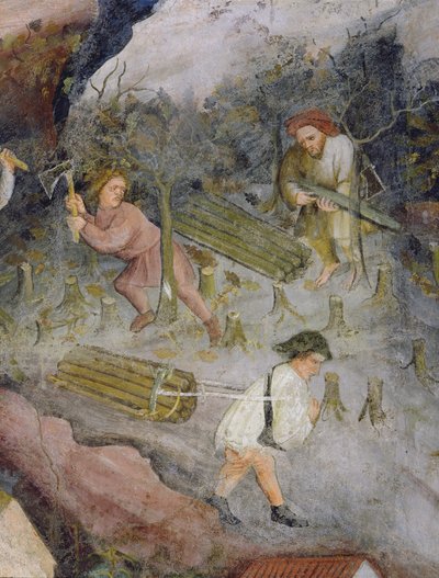 Oduncular iş başında. Ormandaki ağaçları devirmek (fresk) by Italian School
