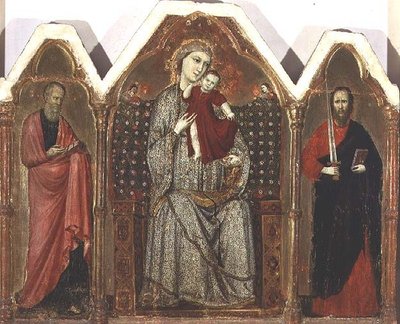 Madonna ve Çocuk Enthroned, SS ile. John the Evangelist ve Paul, Riminese Okulu (üç parçalı panel) by Italian School