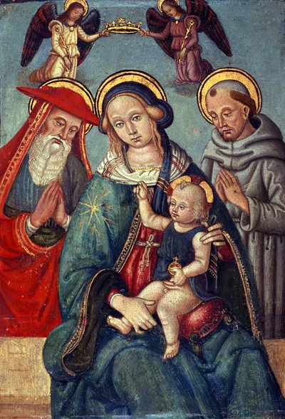 Madonna ve Child, St. Jerome ve St. Francis ile iki Melek tarafından taçlandırılıyor, c.1500 (kavak ağacı üzerinde tempera) by Italian School