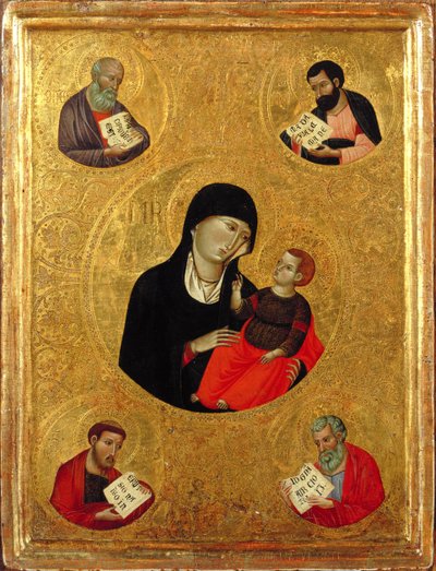 Dört Evanjelistle Madonna ve Çocuk (panelde tempera ve altın varak) by Italian School