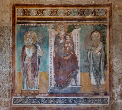 Madonna, Aziz Augustine ve Severus ile tahta çıktı, Haç Hitabeti, XIII yüzyılın son çeyreği (fresk) by Italian School
