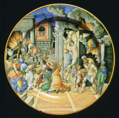 Aeneas'ın babası Anchises'i sırtında, oğlu Ascanius'u sırtında taşıdığı, Truva'nın yakılmasını tasvir eden Maiolica levhası, İtalyanca by Italian School