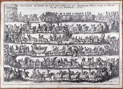 Maskeli balo: karnaval vesilesiyle insan maskelerinin alayı ve dansı. Milan 20/02/1764 18. yüzyıl gravürü by Italian School