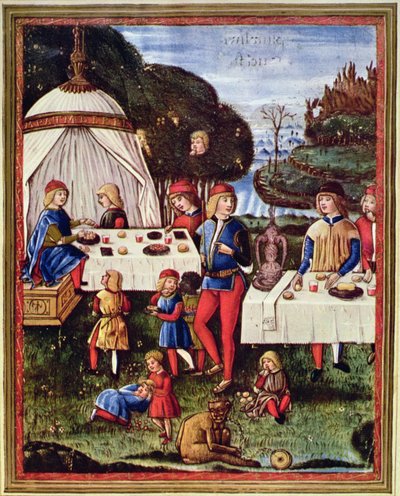 Maximilian Sforza, bahçede yemek yerken bir çocuk olarak, 'Ars grammatica' (velum) nüshasından bir çizim by Italian School