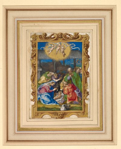 Bir ahırda Kutsal Aile ve çobanlarla birlikte Doğuş
