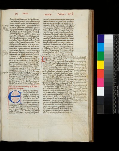 Ms 342. Sezar, Opera, f.38r. Kırmızı kalemle süslenmiş süslemeli mavi ilk [E] by Italian School