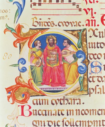 Ms. 559 f.155v Paolo Soldini tarafından aydınlatılan Santa Maria Novella Mezmurundan Kral Davud ve iki meleği betimleyen tarihi ilk O (fl.1342-86) 1379 by Italian School