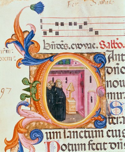 Ms 559 f.176f Paolo Soldini tarafından aydınlatılan Santa Maria Novella Mezmurundan bir metne bakan keşişleri tasvir eden tarihi ilk C, 1379 by Italian School