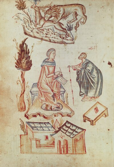 Ms Grec 36 f.187v Antik çağda bilimsel metinlerden oluşan bir koleksiyondan bir açık hava tıbbi konsültasyonu by Italian School