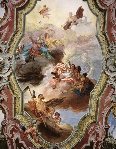 Jüpiter, Juno, İlham Perileri ve Zaman Baba ile Mitolojik Sahne by Italian School
