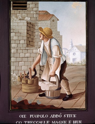 Napoliten küçük metiers: gezgin gıda ürünleri satıcısı (bakkal) - (Eski ticaret: gezgin bakkal) 19. yüzyılın suluboya resmi - Napoli Museo Nazionale di San Martino by Italian School