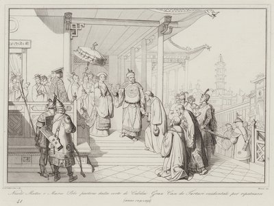 Nicolo Matteo ve Marco Polo, Cubilai Gran Can de Western Tartars mahkemesinden ülkelerine geri dönmek için ayrıldı by Italian School