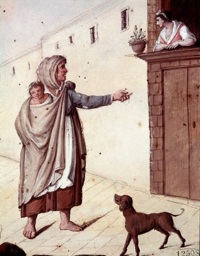 Eski Napoliten ölçüleri: Napoli sokaklarında bir dilenci ve çocuğu - (Eski Napoli esnafı: bir dilenci) 19. yüzyılın suluboyası - Napoli Museo Nazionale di San Martino by Italian School