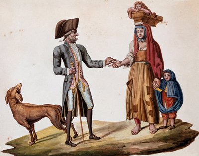 Eski Napoliten ölçüleri: bir asil bir palmiyeye bozuk para verir - (Eski Napoliten esnaf: zengin bir adam fakir bir hikaye anlatıcısına para verir) 19. yüzyılın suluboyası - Napoli Museo Nazionale di San Martino by Italian School