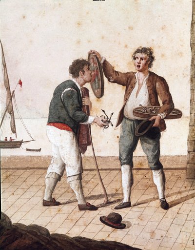 Eski Napoliten ölçüleri: küçük yılan satıcıları - (Eski Napoli esnafı: çim yılanları satıcısı) 19. yüzyılın suluboya - Napoli Museo Nazionale di San Martino by Italian School