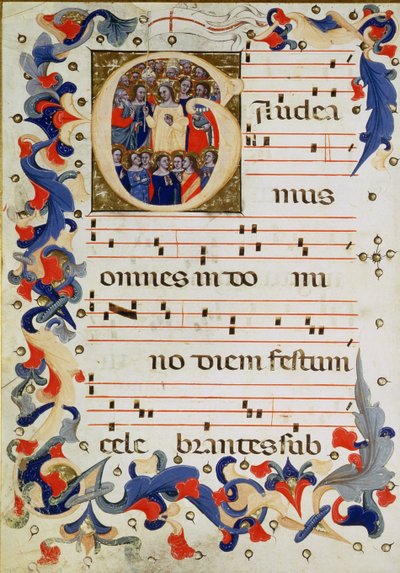 Ortada St. Ursula ile bir grup azizi betimleyen tarihi bir G harfi ile müzik notasyonu sayfası, Bolognese Okulu by Italian School