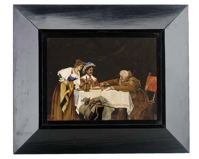 Bir hanımın katıldığı bir yemek masasında bir süvari ve bir keşişi tasvir eden pano, Menegatti, Floransa, 19. yüzyıl sonu (pietra dura) by Italian School