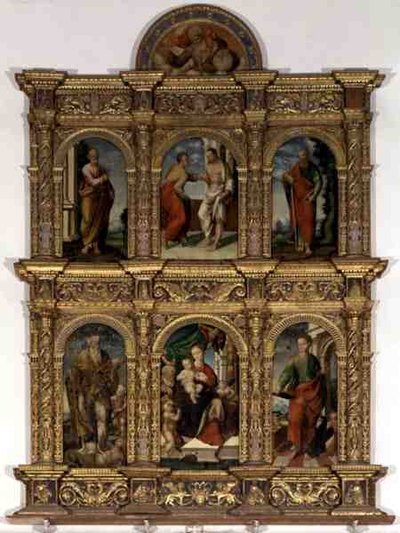 Madonna ve Çocuğu azizlerle gösteren poliptik (panelde yağlı boya) by Italian School