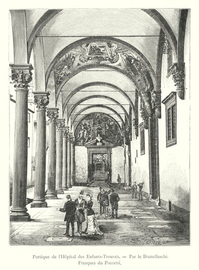 Foundling Hastanesi Portiko, Brunelleschi tarafından, Poccetti tarafından freskler (gravür) by Italian School