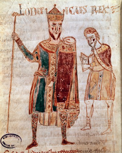 Dindar Louis I the Pious (778-840), Fransa Kralı Elyazması sayfası (ms. 4) Kral Rothari tarafından kurulan Lombard krallığının yasalarını açıklayan “Codex Legum Longobardorum” (veya Langobardorum) by Italian School