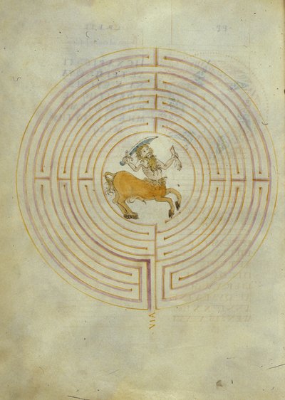 Minotaur'un labirentin ortasındaki temsili (kalem ve mürekkep ve kağıt üzerine sulu boya) by Italian School